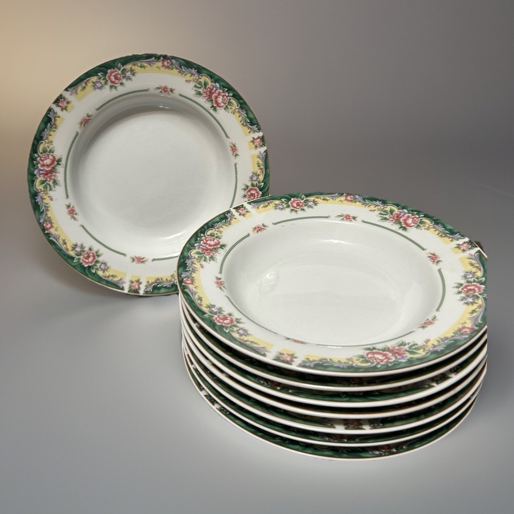 Excel Legend 435 Fine China Rimmed Soup Bowls Floral Pink Rose Green  EIGHT Vtg